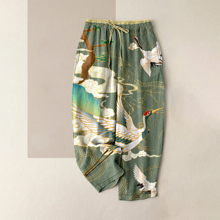 Buddha Stones Pantalon en coton décontracté à taille élastique et poches pour femme, orné de grues volantes, de nuages ​​porte-bonheur et d'arbres. - Vert foncé - US16，UK/AU20，EU48 (3XL) - image 4