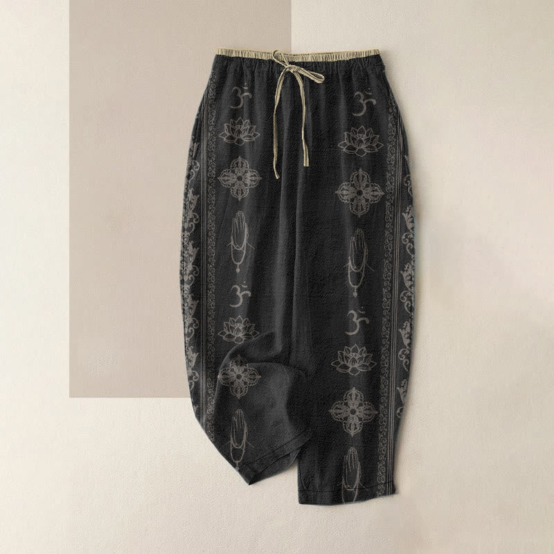 Buddha Stones Pantalon en coton décontracté à taille élastique et poches, orné de fleurs de lotus, double motif Dorje Vajra Namaste Om. - Noir - US16，UK/AU20，EU48 (3XL) - image 0