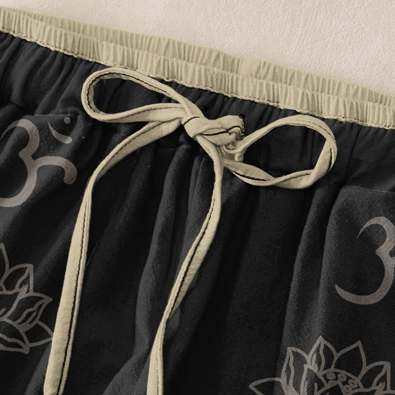 Buddha Stones Pantalon en coton décontracté à taille élastique et poches, orné de fleurs de lotus, double motif Dorje Vajra Namaste Om. - image 1
