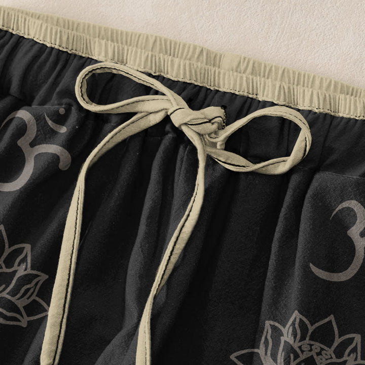 Buddha Stones Pantalon en coton décontracté à taille élastique et poches, orné de fleurs de lotus, double motif Dorje Vajra Namaste Om. - image 1