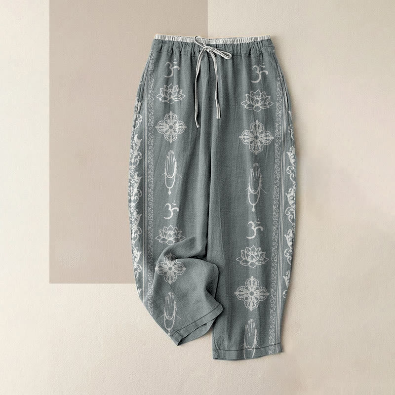 Buddha Stones Pantalon en coton décontracté à taille élastique et poches, orné de fleurs de lotus, double motif Dorje Vajra Namaste Om. - CadetBlue - US16，UK/AU20，EU48 (3XL) - image 4