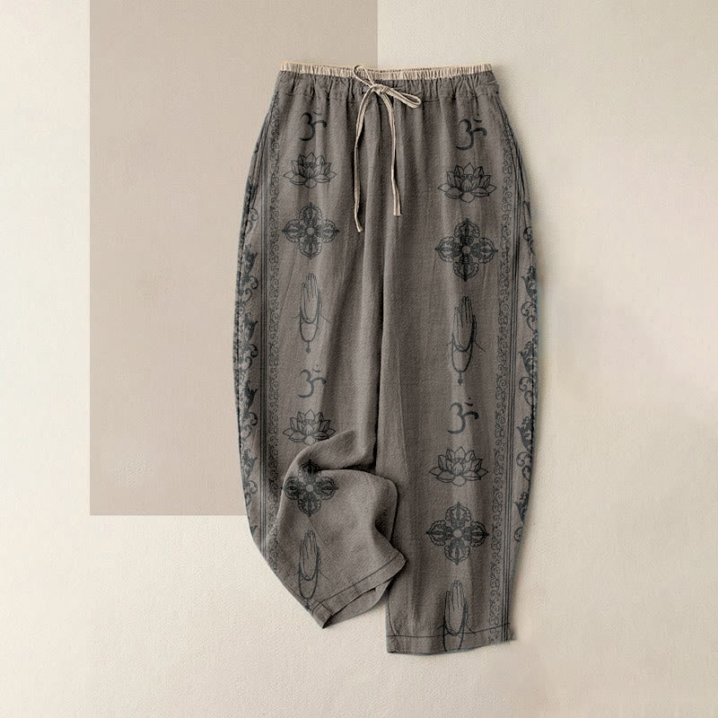 Buddha Stones Pantalon en coton décontracté à taille élastique et poches, orné de fleurs de lotus, double motif Dorje Vajra Namaste Om. - Kaki foncé - US16，UK/AU20，EU48 (3XL) - image 5