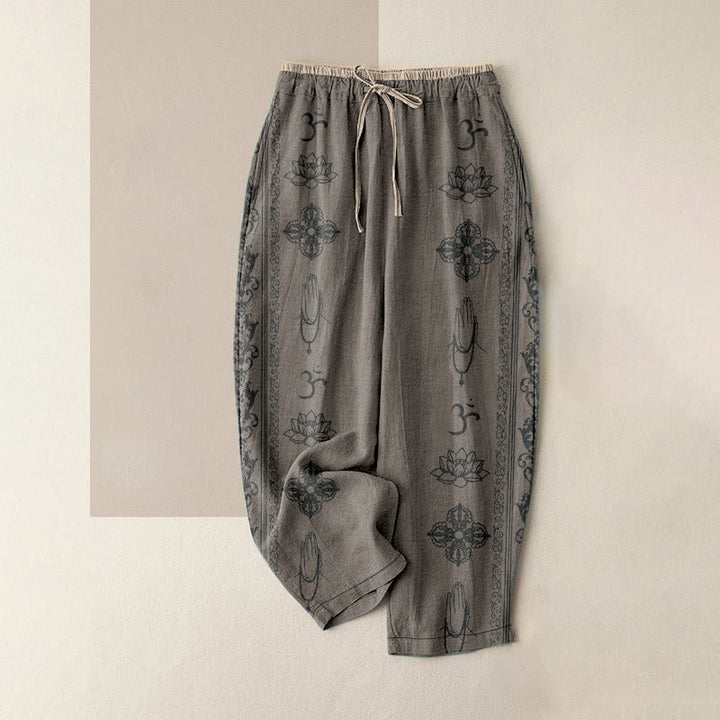 Buddha Stones Pantalon en coton décontracté à taille élastique et poches, orné de fleurs de lotus, double motif Dorje Vajra Namaste Om. - Kaki foncé - US16，UK/AU20，EU48 (3XL) - image 5
