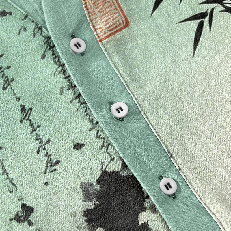 Buddha Stones Chemise à manches courtes pour homme, demi-boutonnée, en coton dégradé, motif calligraphie à l'encre de bambou - image 3