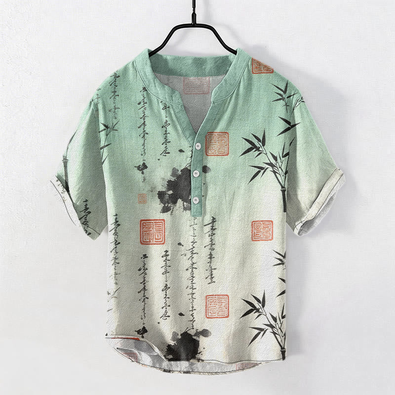 Buddha Stones Chemise à manches courtes pour homme, demi-boutonnée, en coton dégradé, motif calligraphie à l'encre de bambou - Melon miellat - US/UK/AU50，EU60 (5XL) - image 0