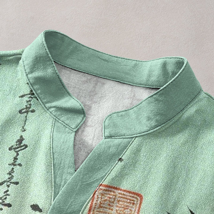 Buddha Stones Chemise à manches courtes pour homme, demi-boutonnée, en coton dégradé, motif calligraphie à l'encre de bambou - image 2