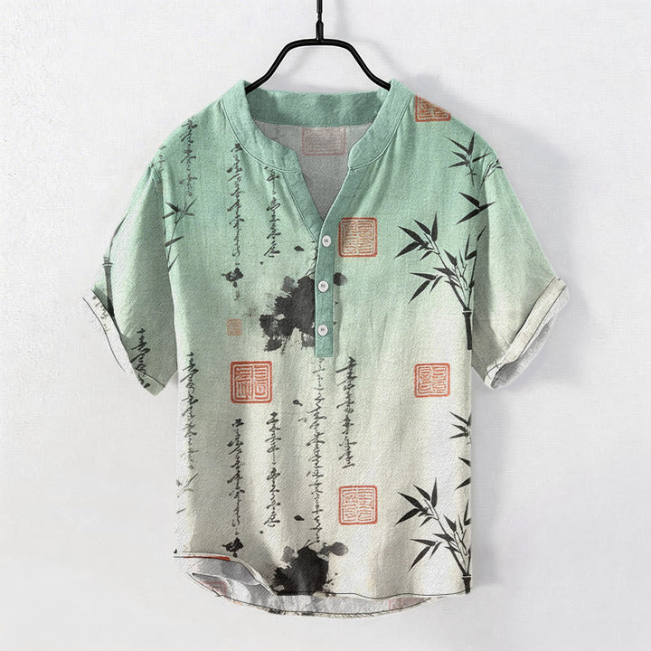 Buddha Stones Chemise à manches courtes pour homme, demi-boutonnée, en coton dégradé, motif calligraphie à l'encre de bambou - Melon miellat - US/UK/AU50，EU60 (5XL) - image 0