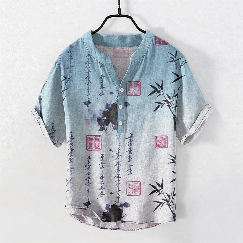 Buddha Stones Chemise à manches courtes pour homme, demi-boutonnée, en coton dégradé, motif calligraphie à l'encre de bambou - Bleu clair - US/UK/AU50，EU60 (5XL) - image 4