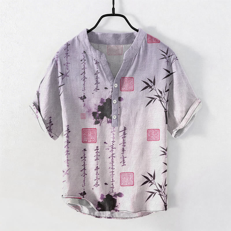 Buddha Stones Chemise à manches courtes pour homme, demi-boutonnée, en coton dégradé, motif calligraphie à l'encre de bambou - Violet moyen - US/UK/AU50，EU60 (5XL) - image 6