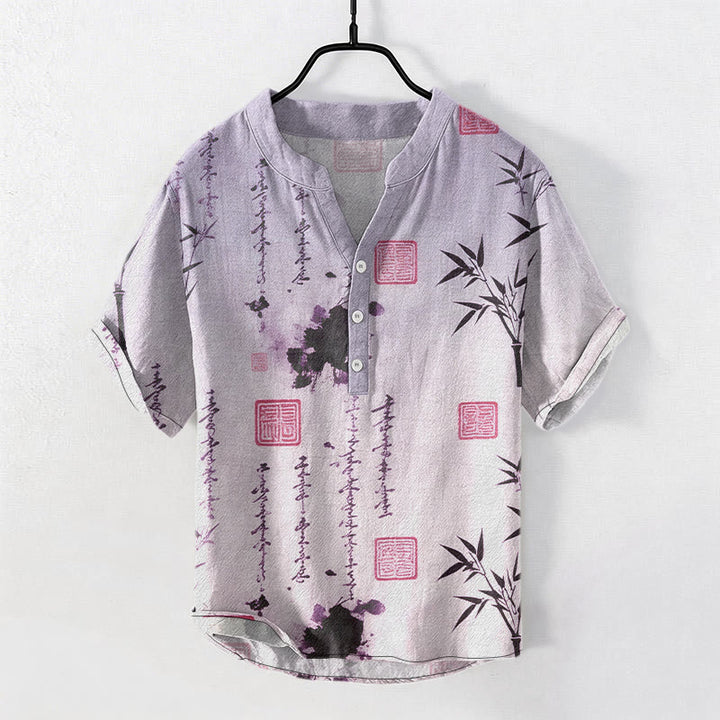 Buddha Stones Chemise à manches courtes pour homme, demi-boutonnée, en coton dégradé, motif calligraphie à l'encre de bambou - Violet moyen - US/UK/AU50，EU60 (5XL) - image 6