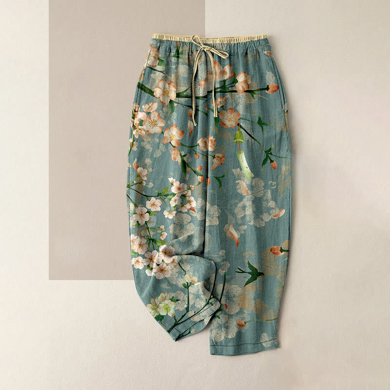 Buddha Stones Pantalon en coton décontracté à motif de fleurs de pêcher et d'oies en vol pour femme, taille élastique et poches - Aigue-marine moyenne - US16，UK/AU20，EU48 (3XL) - image 0