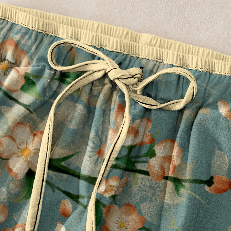 Buddha Stones Pantalon en coton décontracté à motif de fleurs de pêcher et d'oies en vol pour femme, taille élastique et poches - image 1