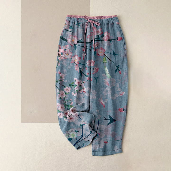 Buddha Stones Pantalon en coton décontracté à motif de fleurs de pêcher et d'oies en vol pour femme, taille élastique et poches - Bleuet - US16，UK/AU20，EU48 (3XL) - image 5
