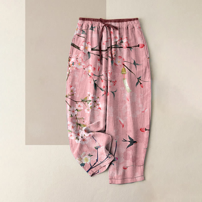 Buddha Stones Pantalon en coton décontracté à motif de fleurs de pêcher et d'oies en vol pour femme, taille élastique et poches - Rose - US16，UK/AU20，EU48 (3XL) - image 4