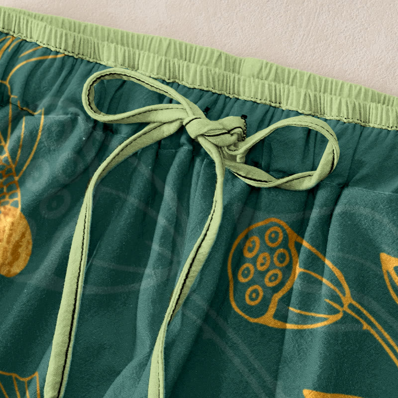 Buddha Stones Pantalon en coton décontracté à motif de feuilles de lotus et de carpes koï pour femme, taille élastique et poches - image 1