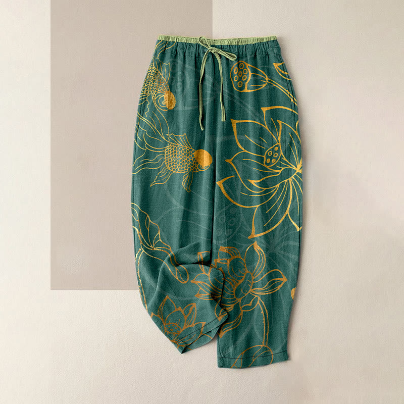 Buddha Stones Pantalon en coton décontracté à motif de feuilles de lotus et de carpes koï pour femme, taille élastique et poches - DarkCyan - US16，UK/AU20，EU48 (3XL) - image 0