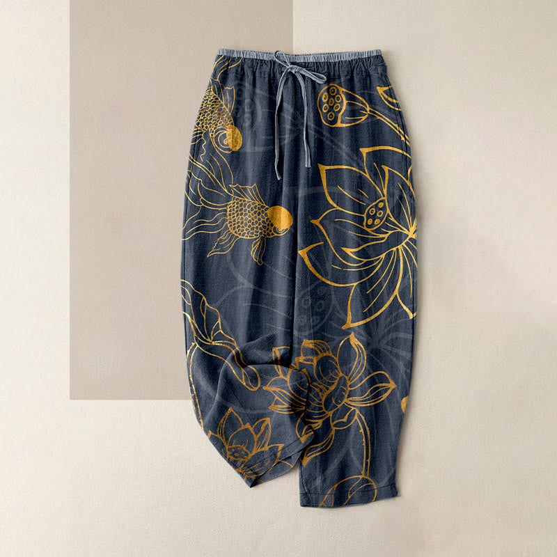 Buddha Stones Pantalon en coton décontracté à motif de feuilles de lotus et de carpes koï pour femme, taille élastique et poches - Gris sombre - US16，UK/AU20，EU48 (3XL) - image 4