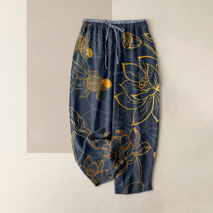 Buddha Stones Pantalon en coton décontracté à motif de feuilles de lotus et de carpes koï pour femme, taille élastique et poches - Gris sombre - US16，UK/AU20，EU48 (3XL) - image 4