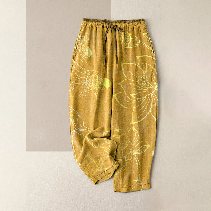 Buddha Stones Pantalon en coton décontracté à motif de feuilles de lotus et de carpes koï pour femme, taille élastique et poches - Or - US16，UK/AU20，EU48 (3XL) - image 5