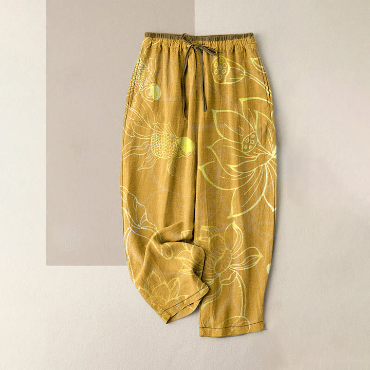 Buddha Stones Pantalon en coton décontracté à motif de feuilles de lotus et de carpes koï pour femme, taille élastique et poches - Or - US16，UK/AU20，EU48 (3XL) - image 5