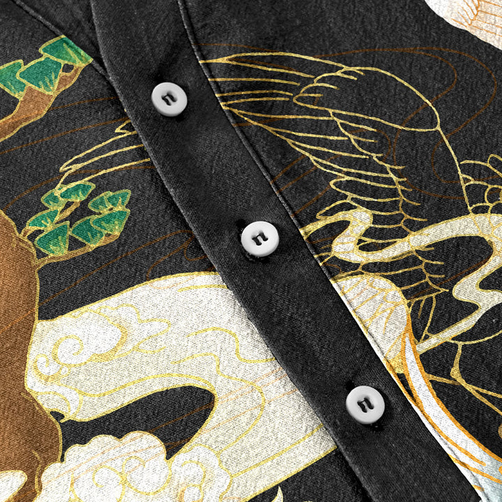 Buddha Stones Chemise homme à manches courtes et demi-boutonnée, motif grue en coton et nuages ​​de bon augure - image 3
