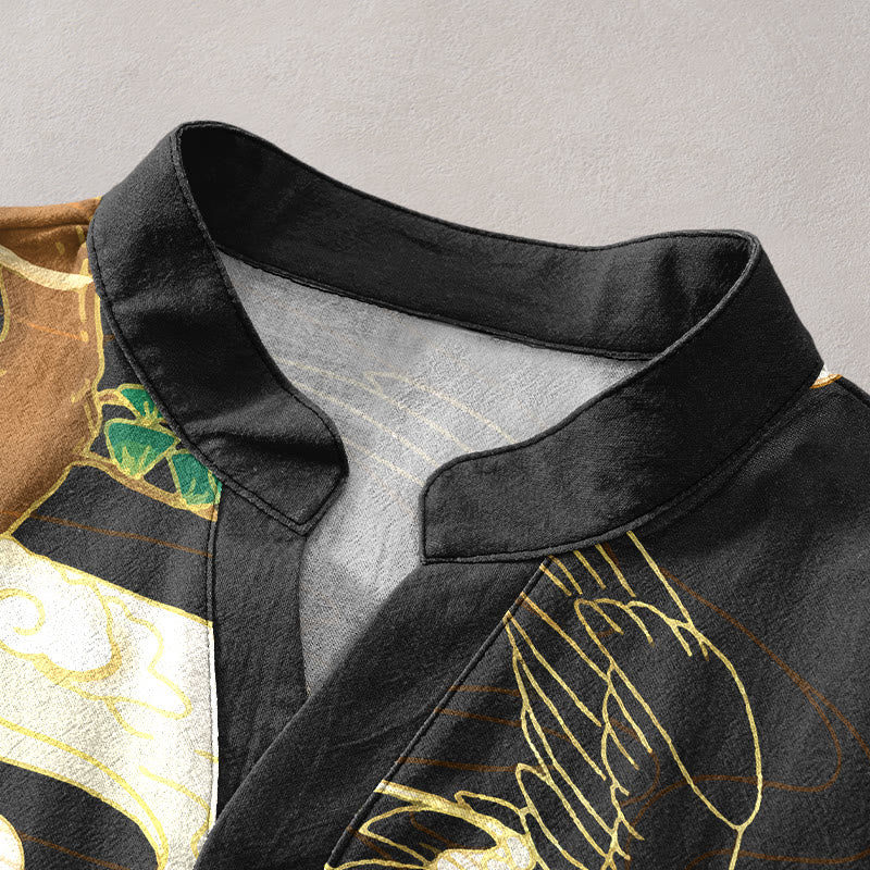 Buddha Stones Chemise homme à manches courtes et demi-boutonnée, motif grue en coton et nuages ​​de bon augure - image 2