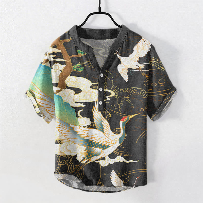 Buddha Stones Chemise homme à manches courtes et demi-boutonnée, motif grue en coton et nuages ​​de bon augure - Noir - US/UK/AU50，EU60 (5XL) - image 0