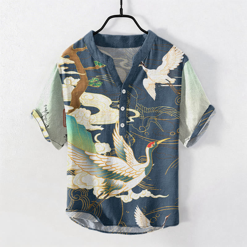 Buddha Stones Chemise homme à manches courtes et demi-boutonnée, motif grue en coton et nuages ​​de bon augure - SteelBlue - US/UK/AU50，EU60 (5XL) - image 4