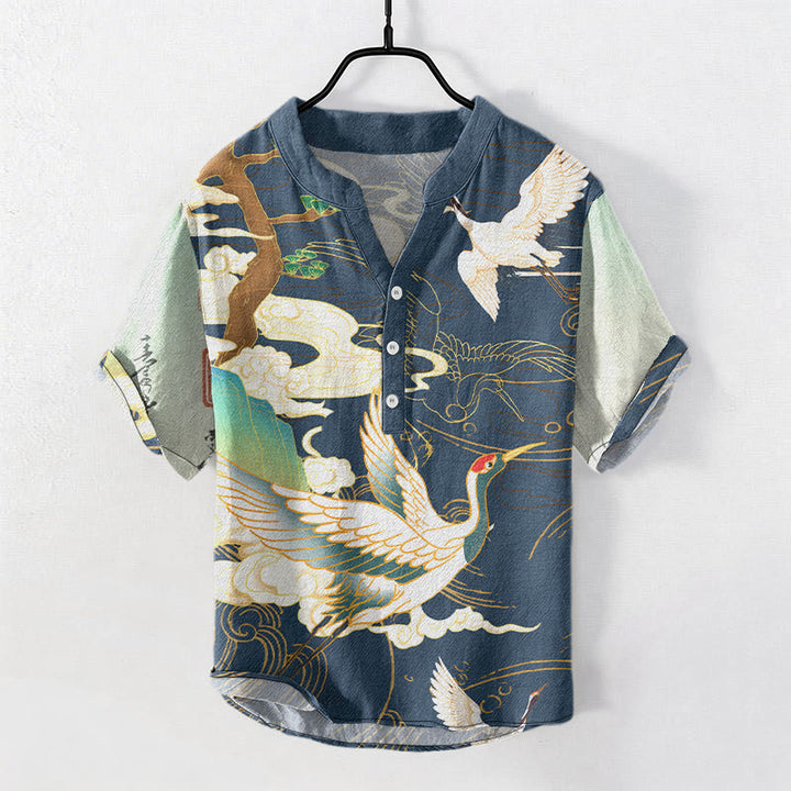 Buddha Stones Chemise homme à manches courtes et demi-boutonnée, motif grue en coton et nuages ​​de bon augure - SteelBlue - US/UK/AU50，EU60 (5XL) - image 4