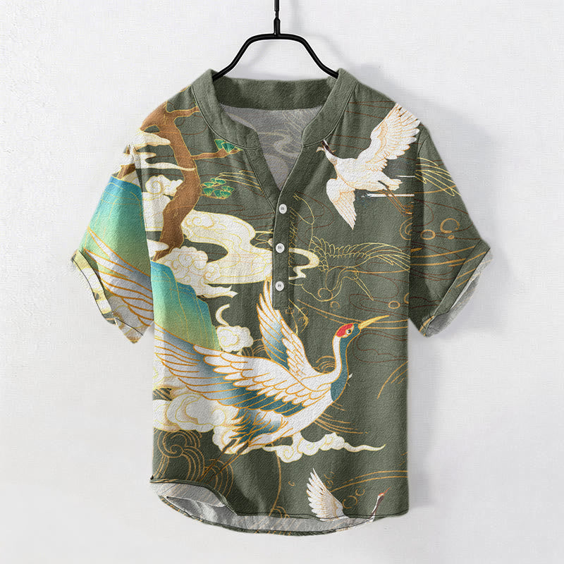 Buddha Stones Chemise homme à manches courtes et demi-boutonnée, motif grue en coton et nuages ​​de bon augure - Vert foncé - US/UK/AU50，EU60 (5XL) - image 6
