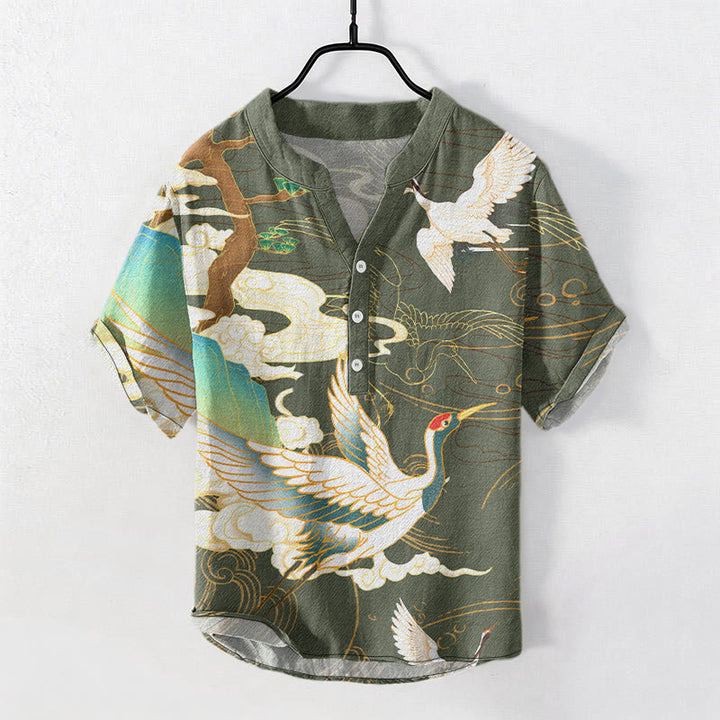 Buddha Stones Chemise homme à manches courtes et demi-boutonnée, motif grue en coton et nuages ​​de bon augure - Vert foncé - US/UK/AU50，EU60 (5XL) - image 6