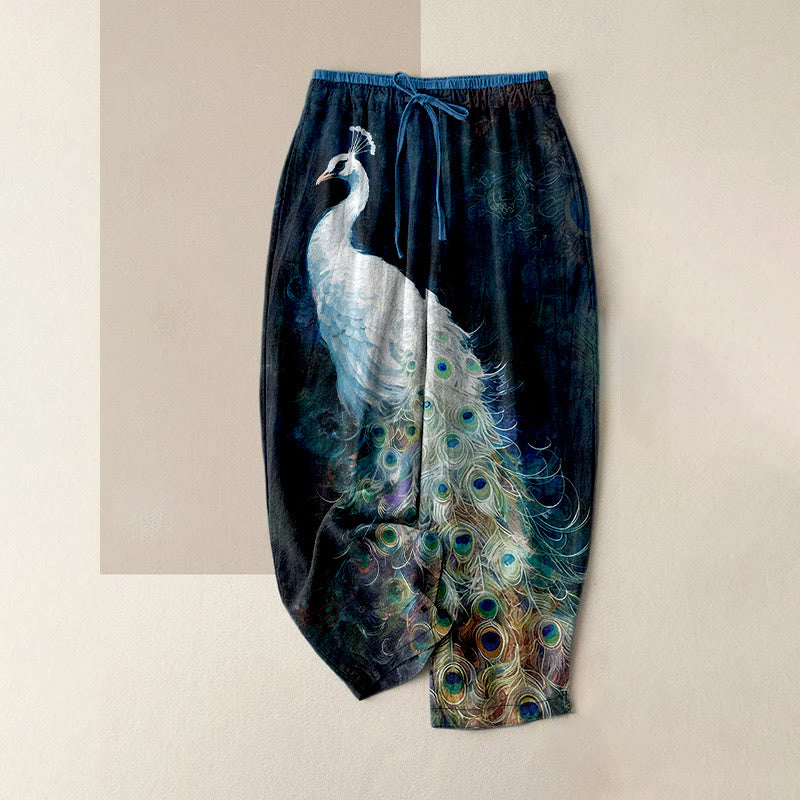 Buddha Stones Pantalon en coton décontracté à motif paon, taille élastique et poches pour femme - Bleu nuit - US16，UK/AU20，EU48 (3XL) - image 0
