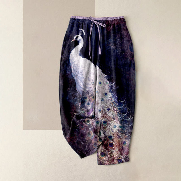 Buddha Stones Pantalon en coton décontracté à motif paon, taille élastique et poches pour femme - Indigo - US16，UK/AU20，EU48 (3XL) - image 5