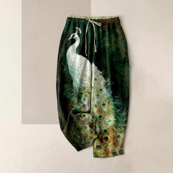 Buddha Stones Pantalon en coton décontracté à motif paon, taille élastique et poches pour femme - Vert foncé - US16，UK/AU20，EU48 (3XL) - image 4