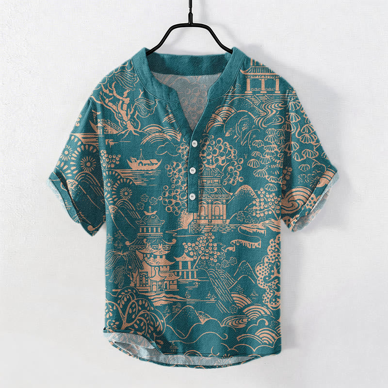 Buddha Stones Chemise à manches courtes et demi-boutonnée pour homme, motif paysage de tours naturelles en coton - CadetBlue - US/UK/AU50，EU60 (5XL) - image 0
