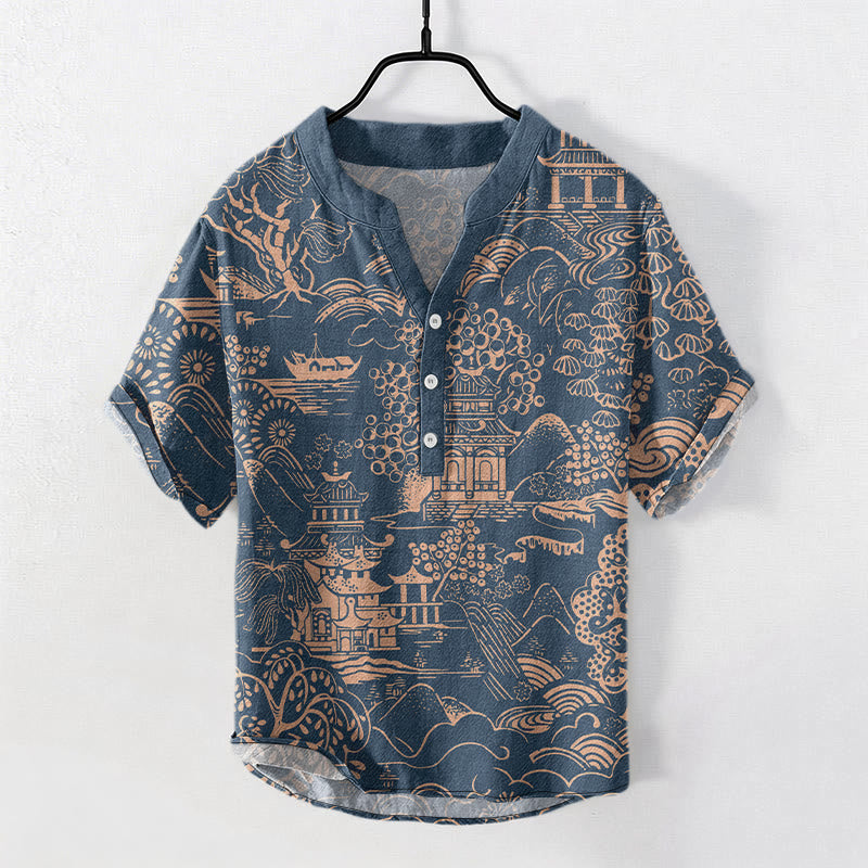 Buddha Stones Chemise à manches courtes et demi-boutonnée pour homme, motif paysage de tours naturelles en coton - SteelBlue - US/UK/AU50，EU60 (5XL) - image 4