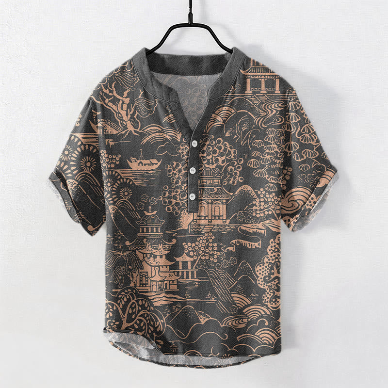 Buddha Stones Chemise à manches courtes et demi-boutonnée pour homme, motif paysage de tours naturelles en coton - Gris sombre - US/UK/AU50，EU60 (5XL) - image 6