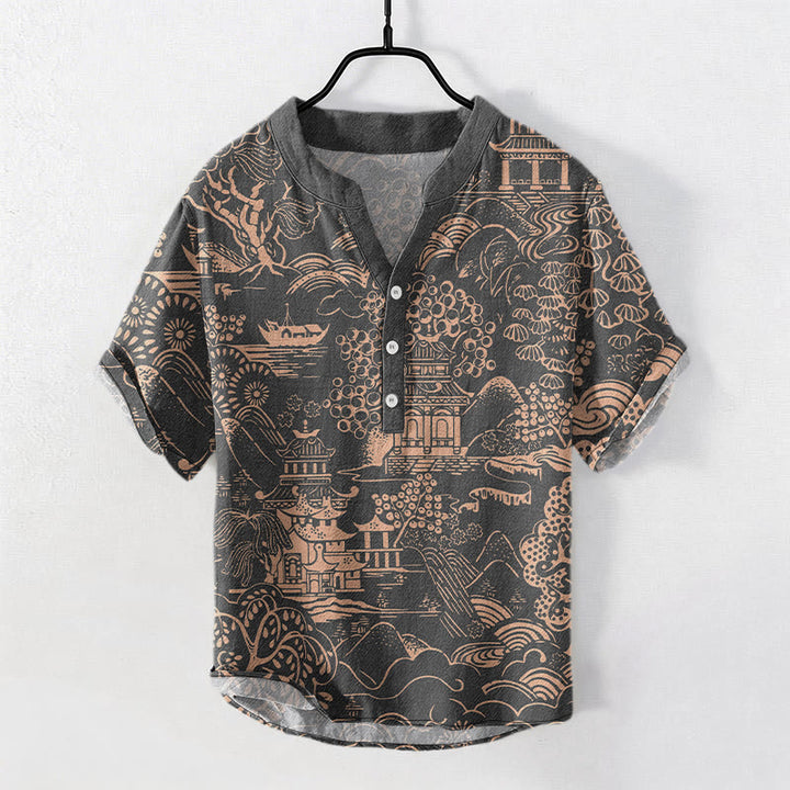 Buddha Stones Chemise à manches courtes et demi-boutonnée pour homme, motif paysage de tours naturelles en coton - Gris sombre - US/UK/AU50，EU60 (5XL) - image 6