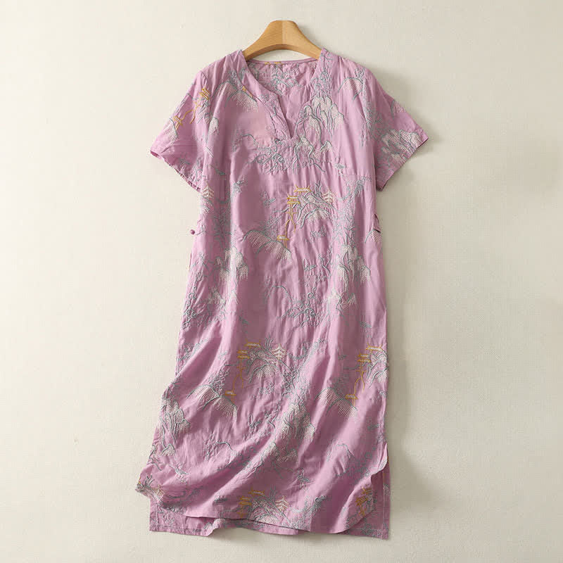 Buddha Stones Robe midi d'été en coton à manches courtes, col en V et imprimé floral, avec poches - Prune - US8-10，UK/AU12-14，EU40-42 (2XL) - image 0