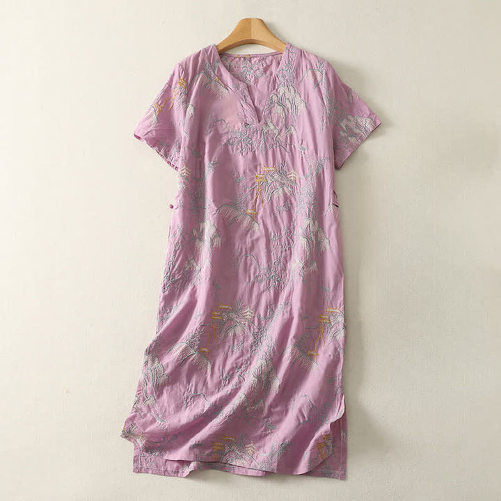 Buddha Stones Robe midi d'été en coton à manches courtes, col en V et imprimé floral, avec poches - Prune - US8-10，UK/AU12-14，EU40-42 (2XL) - image 0