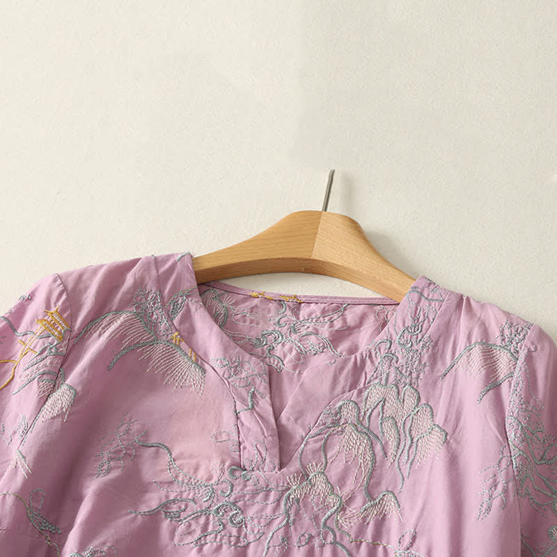 Buddha Stones Robe midi d'été en coton à manches courtes, col en V et imprimé floral, avec poches - image 2
