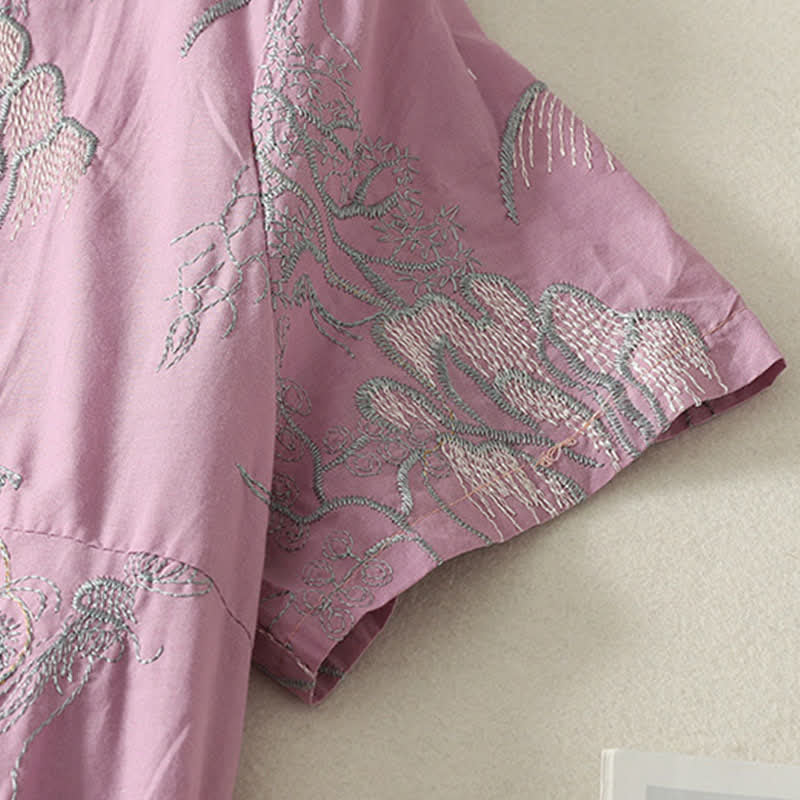Buddha Stones Robe midi d'été en coton à manches courtes, col en V et imprimé floral, avec poches - image 5