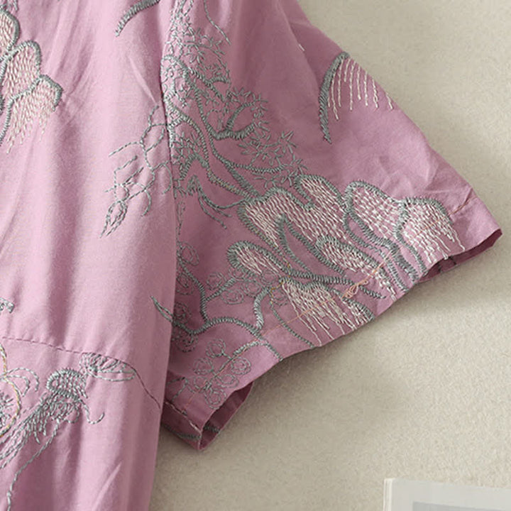 Buddha Stones Robe midi d'été en coton à manches courtes, col en V et imprimé floral, avec poches - image 5