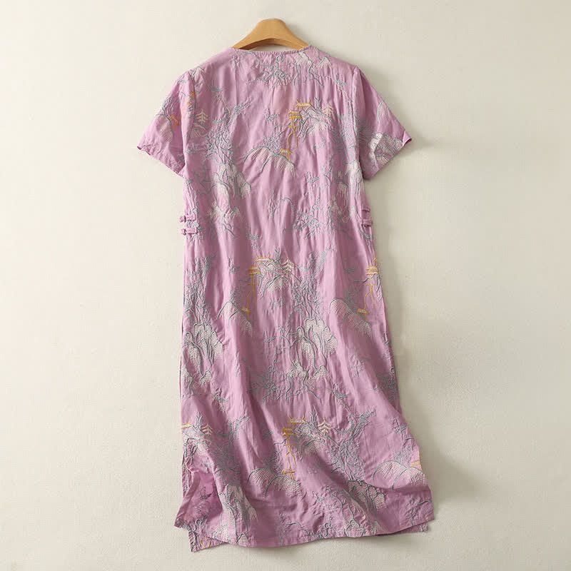 Buddha Stones Robe midi d'été en coton à manches courtes, col en V et imprimé floral, avec poches - image 1