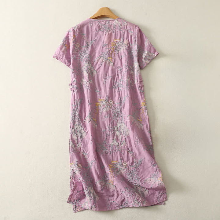 Buddha Stones Robe midi d'été en coton à manches courtes, col en V et imprimé floral, avec poches - image 1