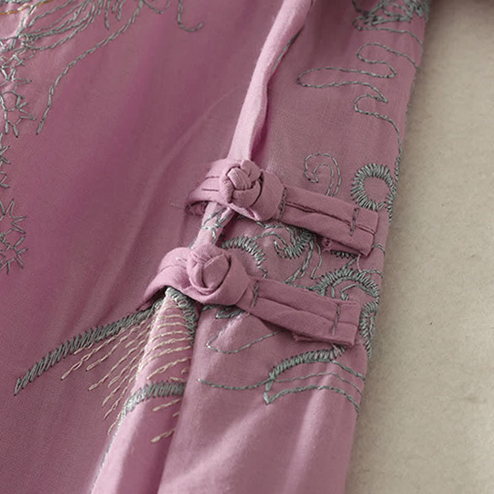 Buddha Stones Robe midi d'été en coton à manches courtes, col en V et imprimé floral, avec poches - image 6