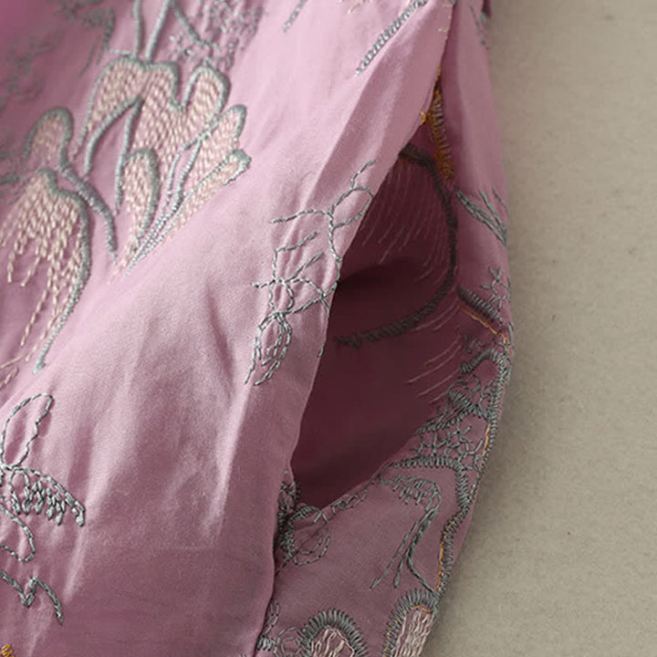 Buddha Stones Robe midi d'été en coton à manches courtes, col en V et imprimé floral, avec poches - image 4