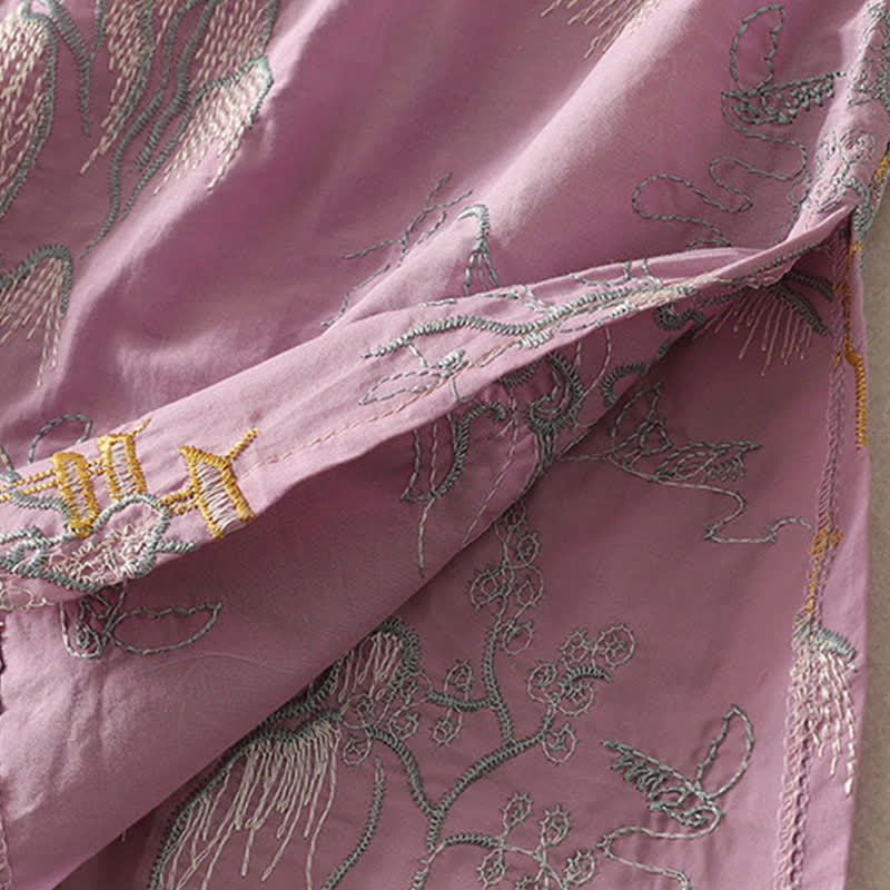 Buddha Stones Robe midi d'été en coton à manches courtes, col en V et imprimé floral, avec poches - image 7