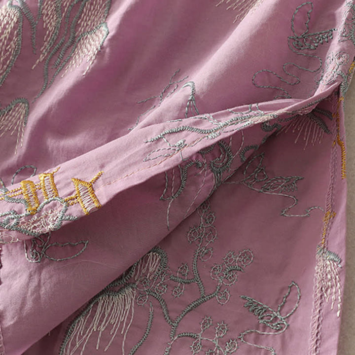 Buddha Stones Robe midi d'été en coton à manches courtes, col en V et imprimé floral, avec poches - image 7