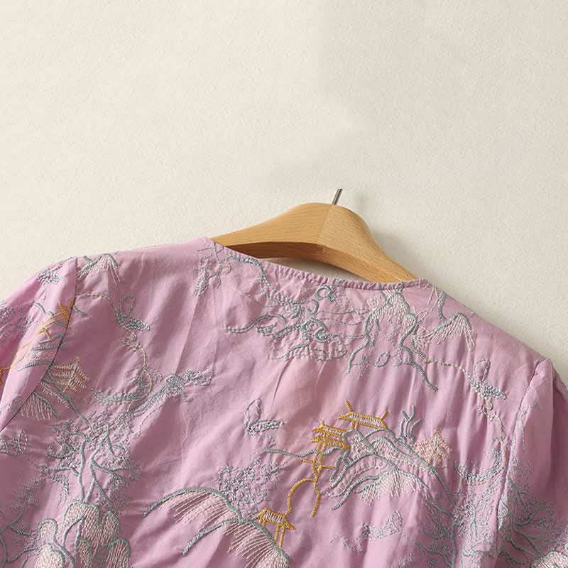 Buddha Stones Robe midi d'été en coton à manches courtes, col en V et imprimé floral, avec poches - image 3
